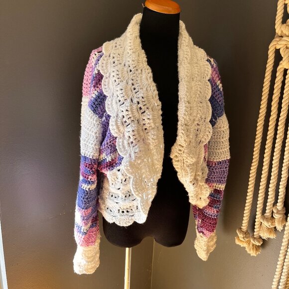 Crochet Granny Core Hand Knit Cardigan Sweater Purple M/L Cottage Fairy Girly - Picture 3 of 11